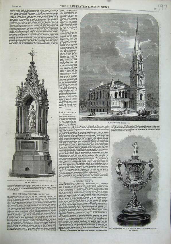 Old Antique Print Park Church Highbury 1863 Drinking Fountain Cup Brown 19th