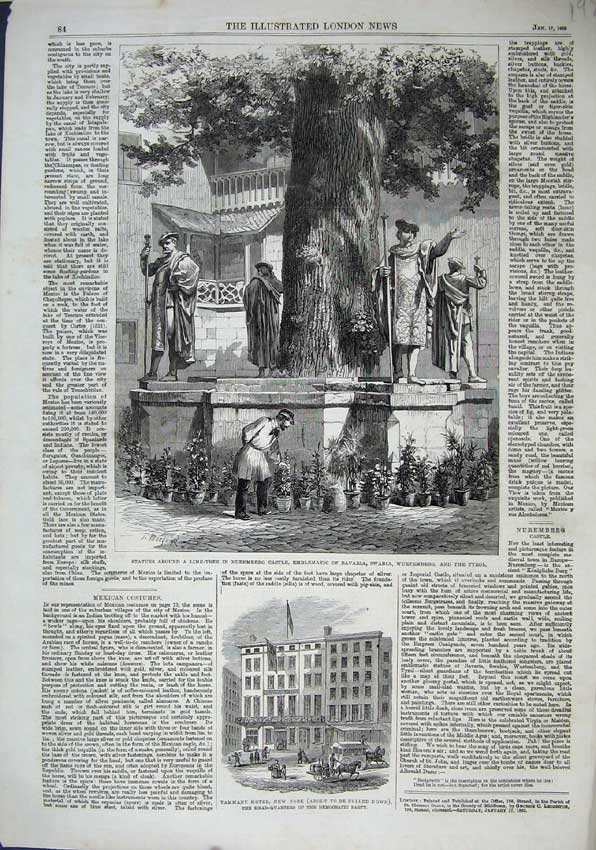 Old Antique Print 1863 Statues Lime-Tree Nuremberg Castle Tammany Hotel 19th