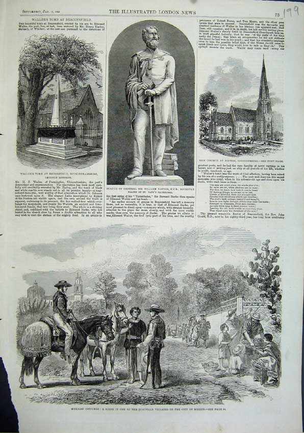 Old Antique Print 1863 Mexico Costumes Vilage Statue Napier Waller Tomb 19th