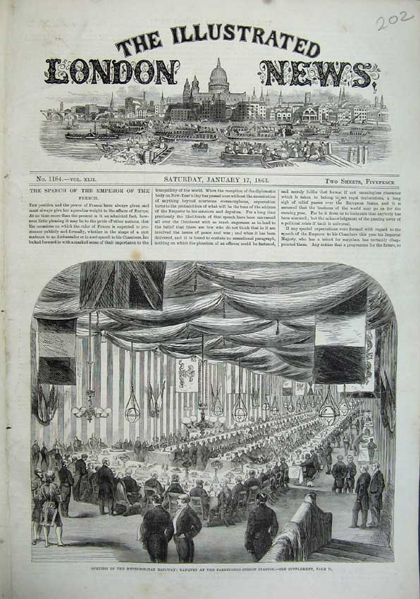 Original Old Antique Print Metropolitan Railway 1863 Banquet Farringdon Station