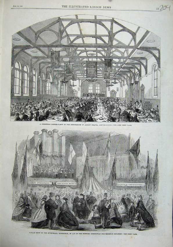 Original Old Antique Print 1863 Christmas Dinner School Albion Chapel Edinburgh