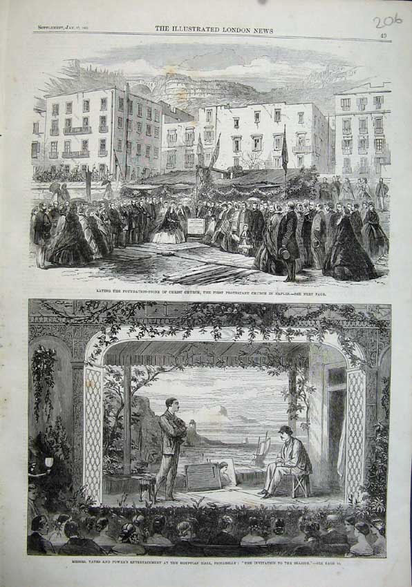 Original Old Antique Print 1863 Christ Church Naples Egyptian Hall Piccadilly
