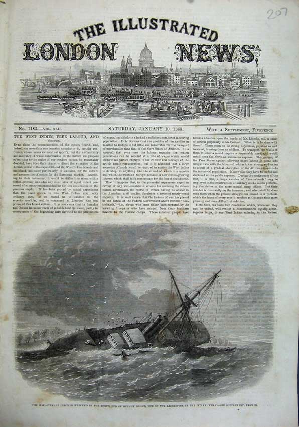 Original Old Antique Print Mail-Steamer Columbo Ship Wreck Minicoy Island 1863