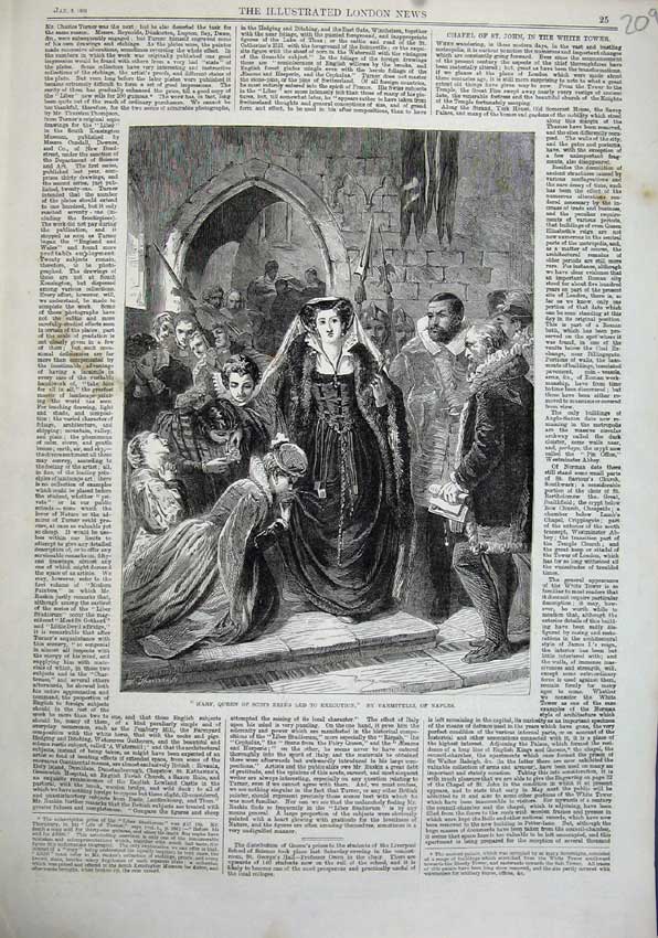Original Old Antique Print 1863 Mary Queen Scots Being Led Execution Vanmitelli
