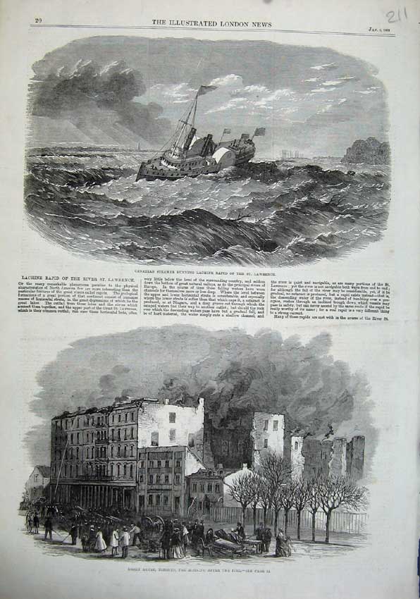 Old Antique Print 1863 Canadian Ship Lachine Rapid Rossin House Toronto 19th