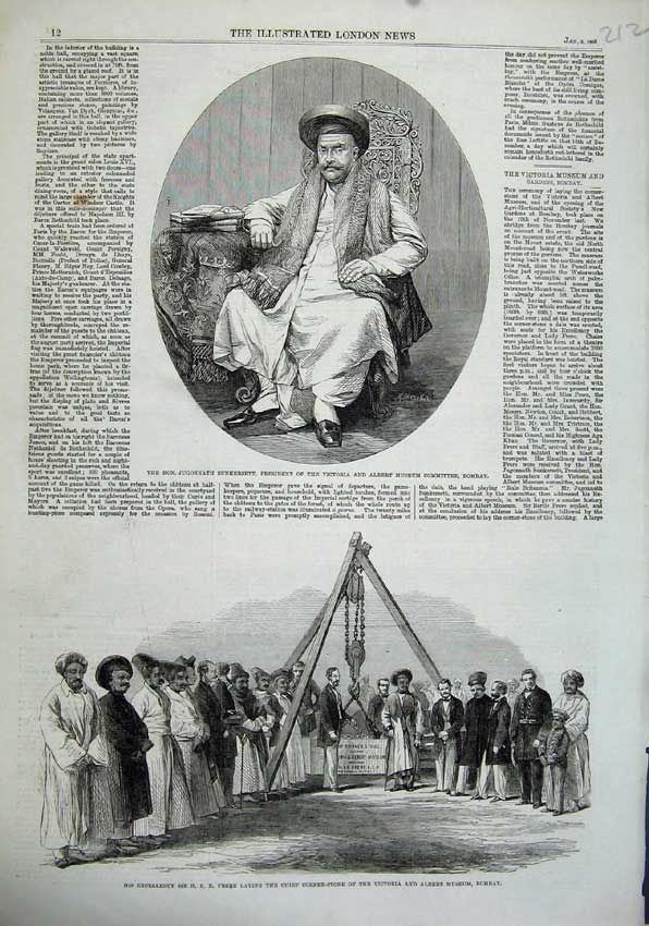 Original Old Antique Print 1863 Jugonnath Sunkersett Museum Bombay Frere Stone