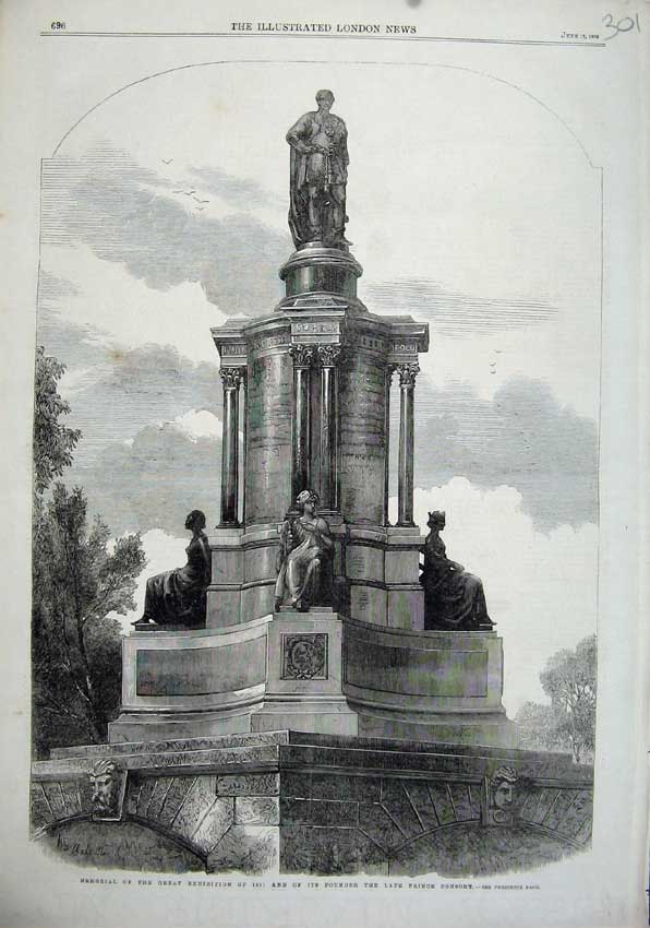 Original Old Antique Print 1863 Memorial Great Exhibition Prince Consort Statue