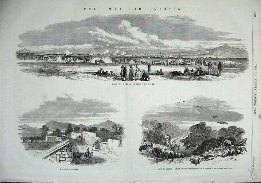 Original Old Antique Print War Mexico 1863 Puebla Palmar Street French Convoy