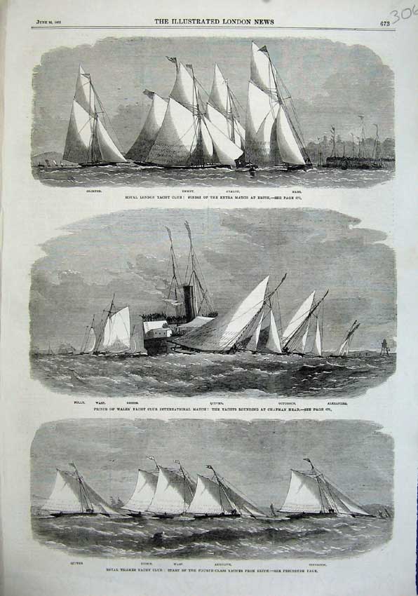 Old Antique Print 1863 London Yacht Club Emmet Bessie Quiver Glimpse Wasp 19th
