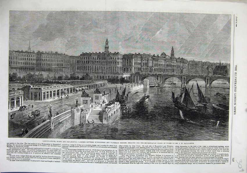 Old Antique Print 1863 Landing Stairs Gardens Hungerford Waterloo Bridges 19th