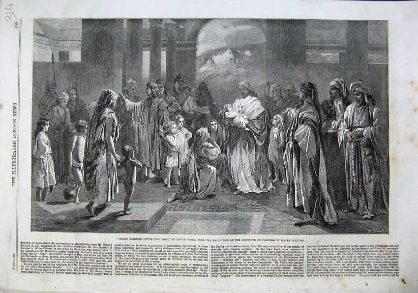 Original Old Antique Print 1863 Jesus Blessing Children Henry Tidey Exhibition
