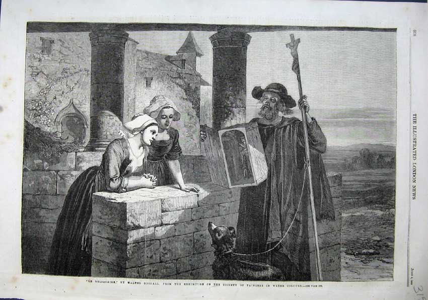 Old Antique Print 1863 Le Reliquaire Walter Goodall Man Toy Box Women Dog 19th