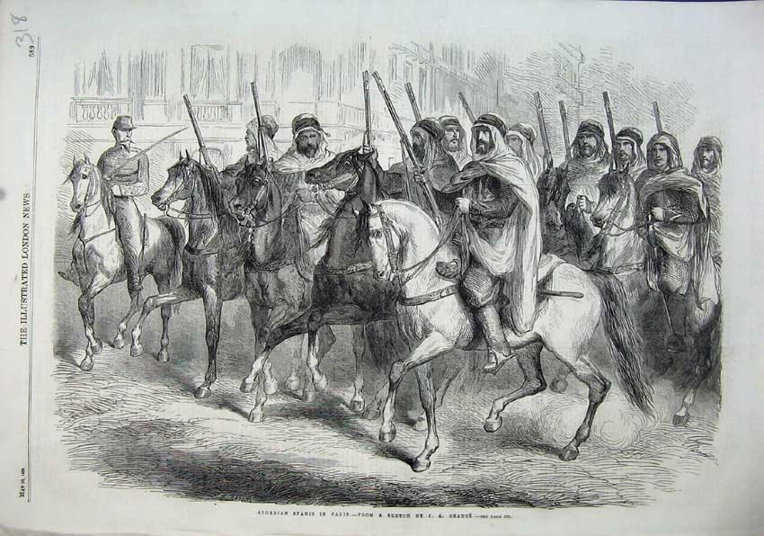 Original Old Antique Print 1863 Algerian Spahis Paris Men Horses Siers Beauce