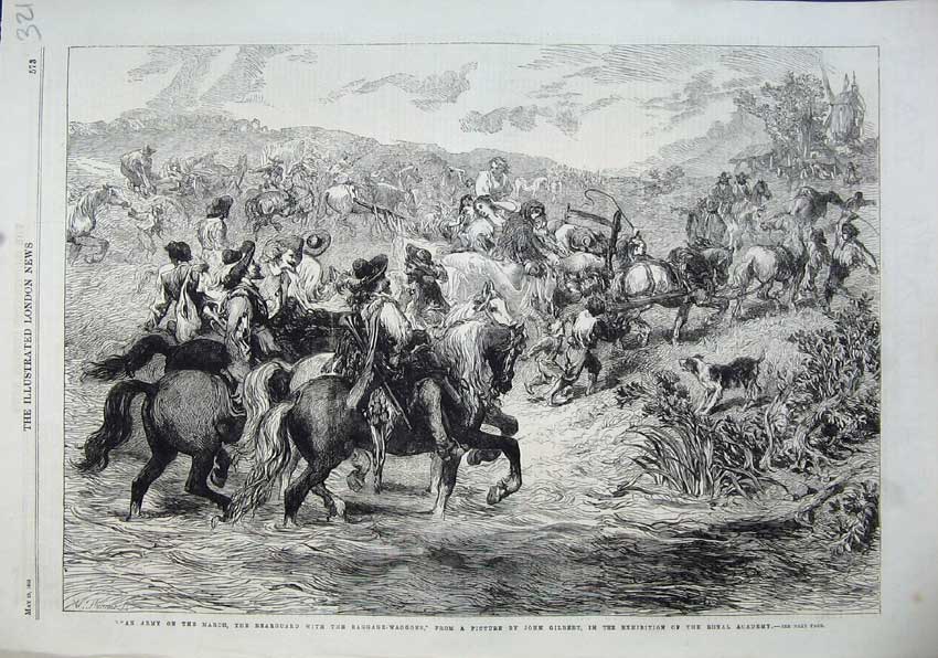 Old Antique Print 1863 Army March Bearguard Baggage-Waggons John Gilbert 19th