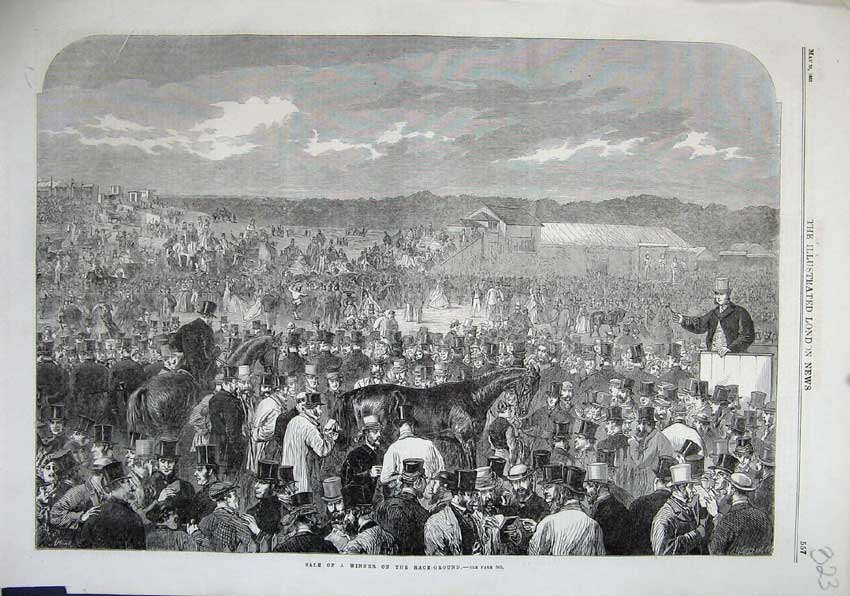 Original Old Antique Print 1863 Sale Winner Race Ground Horses Sport Men 19th