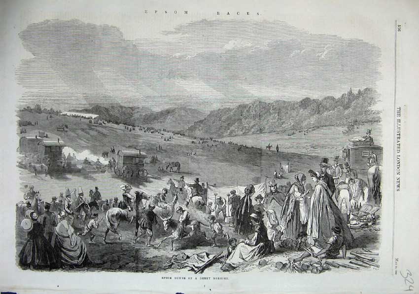 Original Old Antique Print 1863 Epsom Downs Derby Horse Racing Sport Mountains