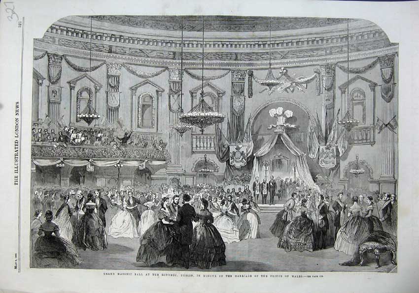 Old Antique Print 1863 Masonic Ball Rotundo Dublin Marriage Prince Wales 19th