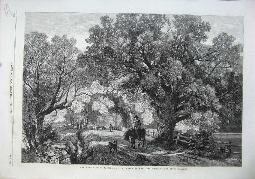 Original Old Antique Print 1863 Waning Year Hulme Country Man Horse Dog Trees
