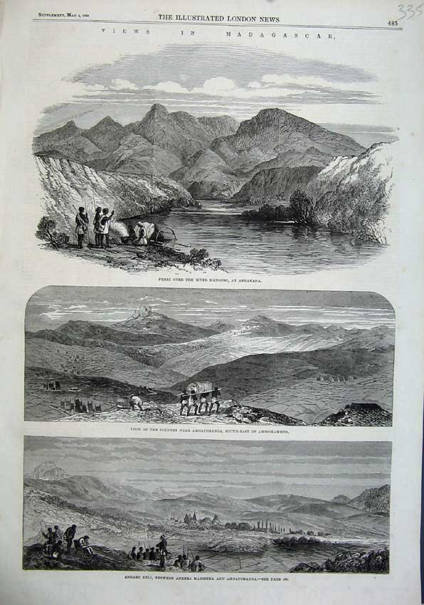 Old Antique Print 1863 Madagascar Ferry River Mangoro Angaro Keli Hills 19th