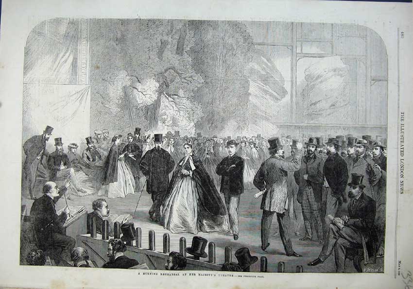 Original Old Antique Print 1863 Morning Rehearsal Majesty Theatre Men Women