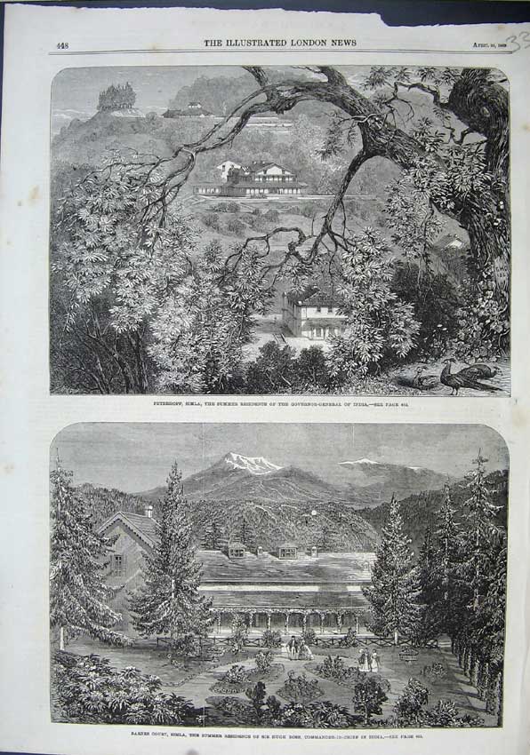 Old Antique Print Barnes Court Simla Hugh Rose India 1863 Peterhoff House 19th