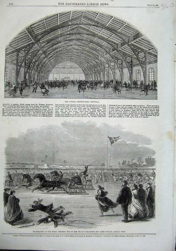 Old Antique Print 1863 Victoria Skating-Rink Montreal Burlington Canada 19th