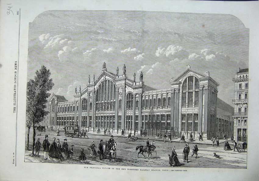 Old Antique Print 1863 Faáade New Northern Railway Station Paris Horses 19th