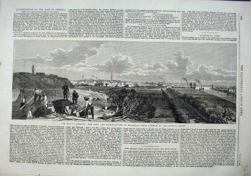 Original Old Antique Print 1863 War America Town Fortifications Savannah Men