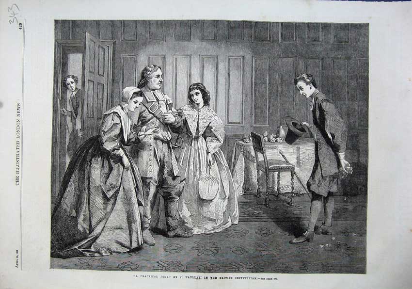 Old Antique Print 1863 Practical Joke Hayllar Women Men Hat House Table 19th