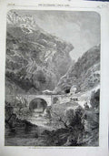 Original Old Antique Print 1863 Bilbao Tudela Railway Spain Techas Bridge Train