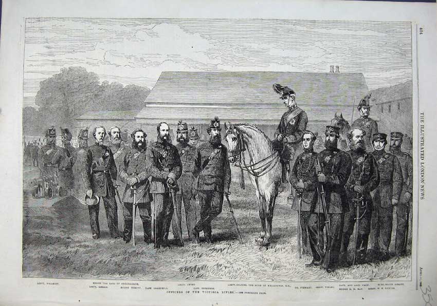 Old Antique Print 1863 Officers Victoria Rifles Duke Wellington War Army 19th