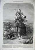 Original Old Antique Print 1863 Labour Love Woman Carrying Child Girl Dog Hills