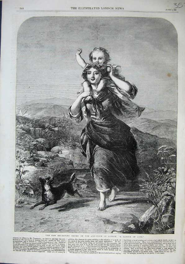 Original Old Antique Print 1863 Labour Love Woman Carrying Child Girl Dog Hills