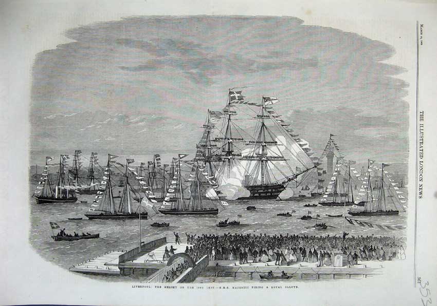 Antique Old Print 1863 Liverpool River Mersey H. M. S Majestic Ship Salute 19th