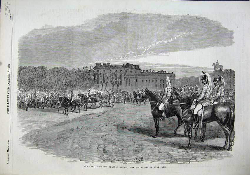 Old Antique Print 1863 Royal Queen London Volunteers Hyde Park Horse Army 19th