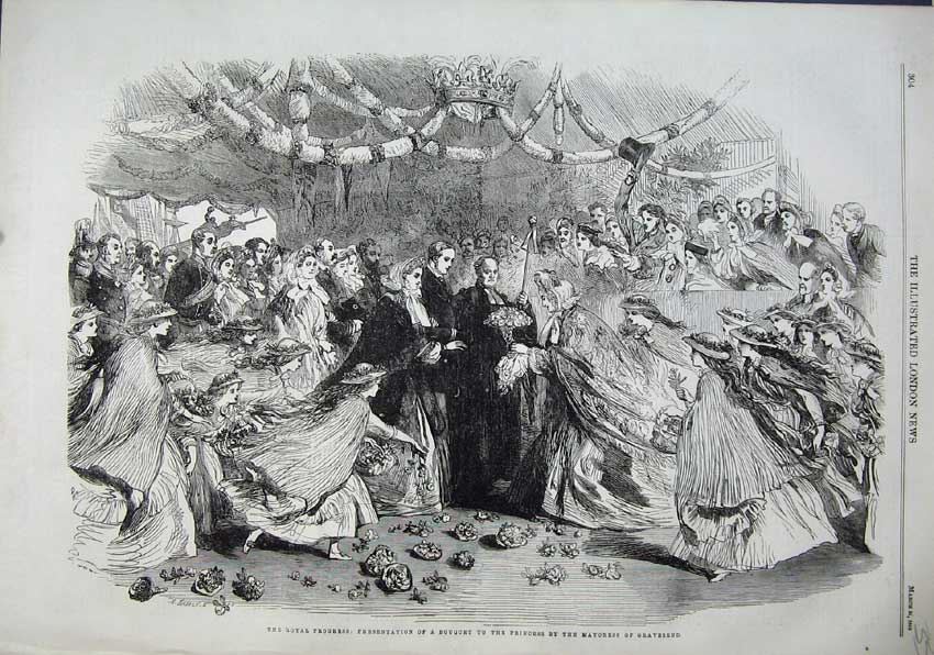 Original Old Antique Print 1863 Royal Queen Bouquet Princess Mayoress Gravesend