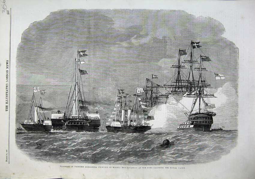 Old Antique Print 1863 Princess Wales Squadron Ship Saluting Royal Yacht 19th
