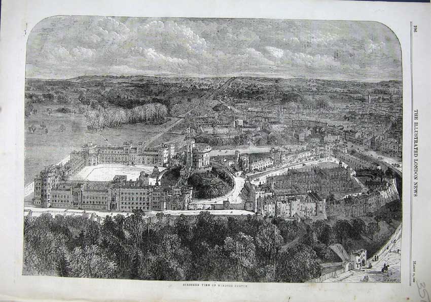 Original Old Antique Print 1863 Birdeye View Windsor Castle London Queen Royal