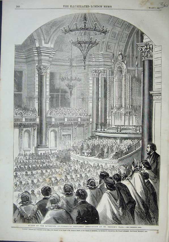 Old Antique Print 1863 Liverpool Co-Operative Provident St George'S Hall 19th