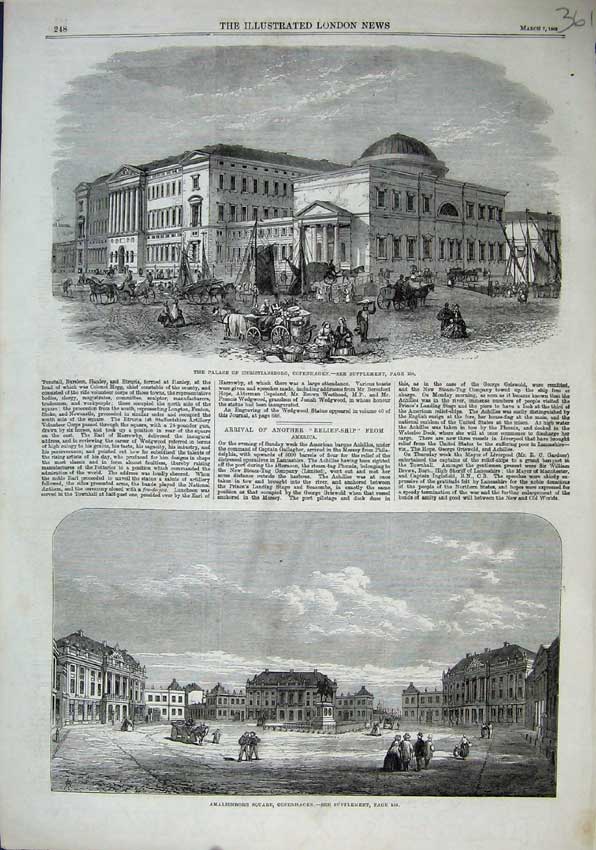 Original Old Antique Print Palace Christiansborg Copenhagen 1863 Amalienborg