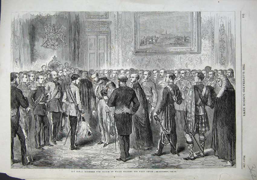 Old Antique Print 1863 Royal Highness Prince Wales Levee Men Meeting Kilt 19th