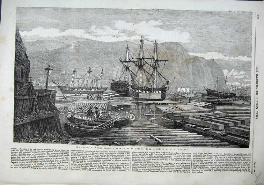 Original Old Antique Print 1863 Canadian Lumber Trade Timber Coves Quebec Ships