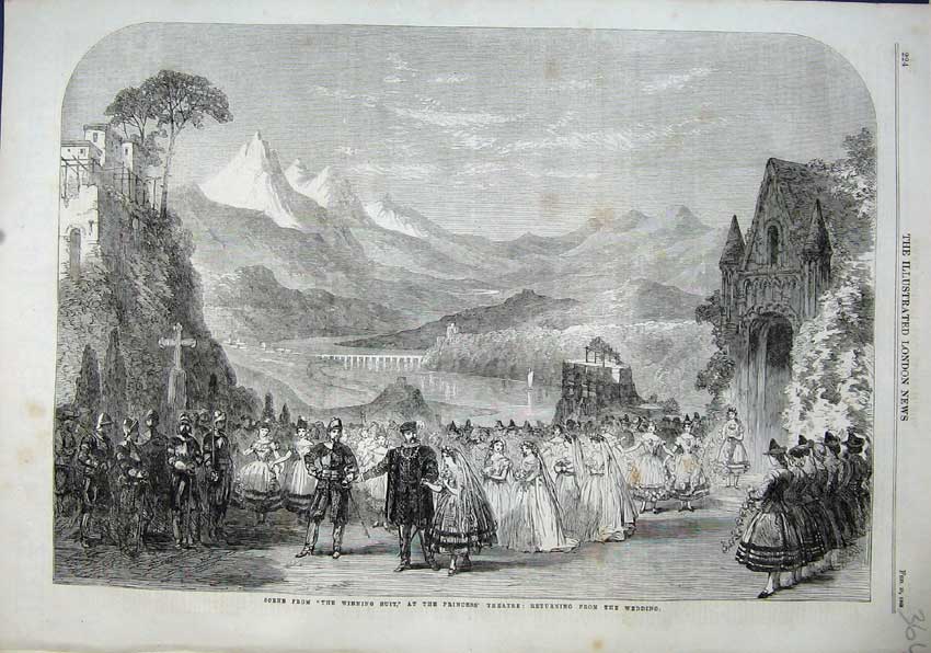Old Antique Print 1863 Scene Winning Suit Princess Theatre Wedding Hills 19th