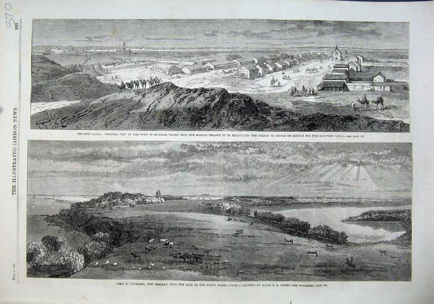 Old Antique Print 1863 Suez Canal Town El-Girsh Auckland New Zealand Lake 19th