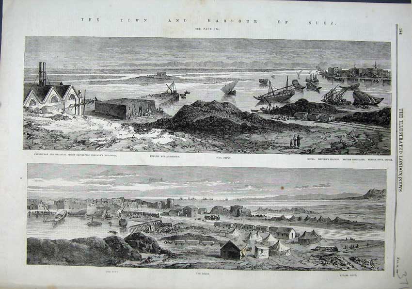 Old Antique Print 1863 Town Harbour Suez Buildings Burial Ground Attaka 19th
