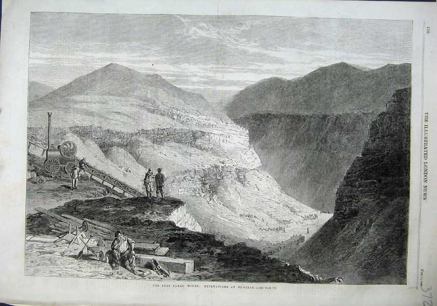 Original Old Antique Print 1863 Suez Canal Works Excavations El-Girsh Mountains