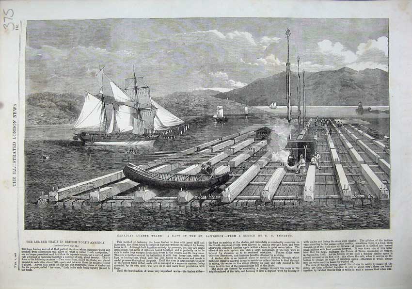 Original Old Antique Print 1863 Canadian Lumber Trade Raft St Lawrence Andrews