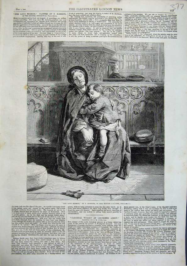 Original Old Antique Print 1863 Long Sermon Woman Child Sleeping Church Roberts