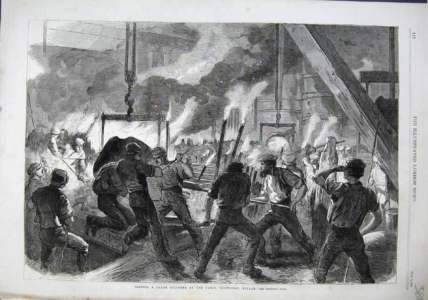 Old Antique Print 1863 Casting Large Cylinder Canal Ironworks Poplar Men 19th