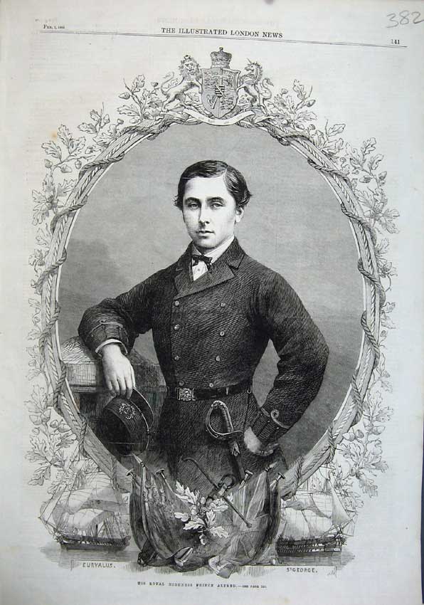 Original Old Antique Print 1863 Portrait His Royal Highness Prince Alfred Man